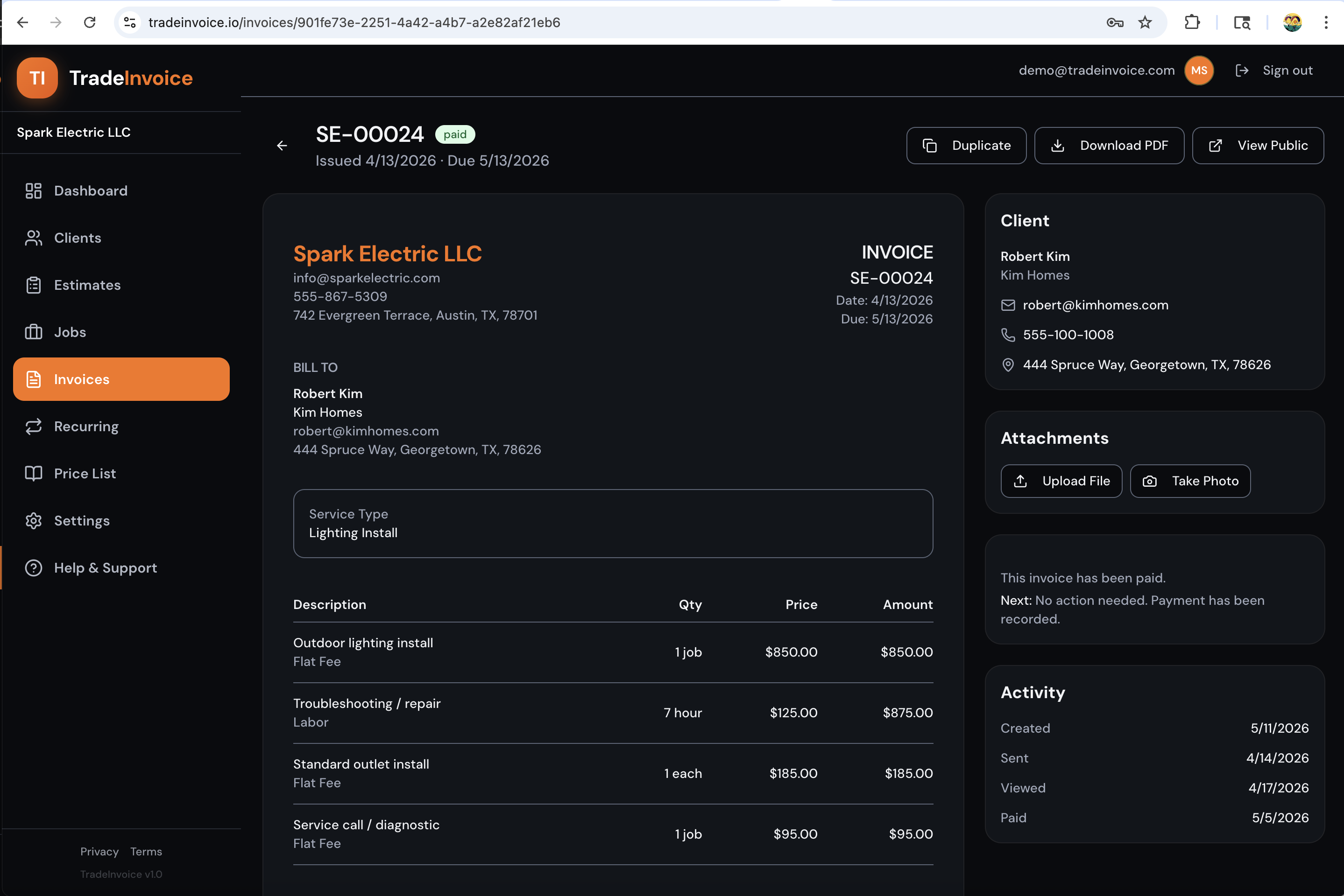 TradeInvoice — professional invoice with line items and payment tracking